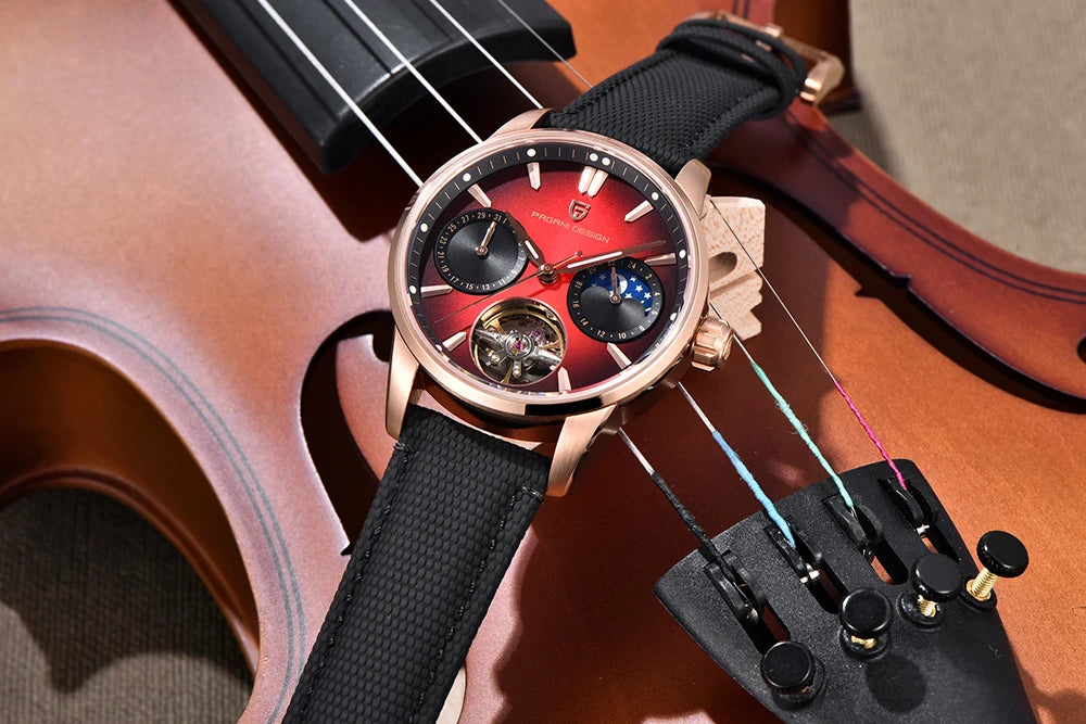PAGANI DESIGN – Luxe mechanisch herenhorloge, 41 mm, saffierglas, leren band, waterdicht, pilotenstijl, met tourbillon en maanfase