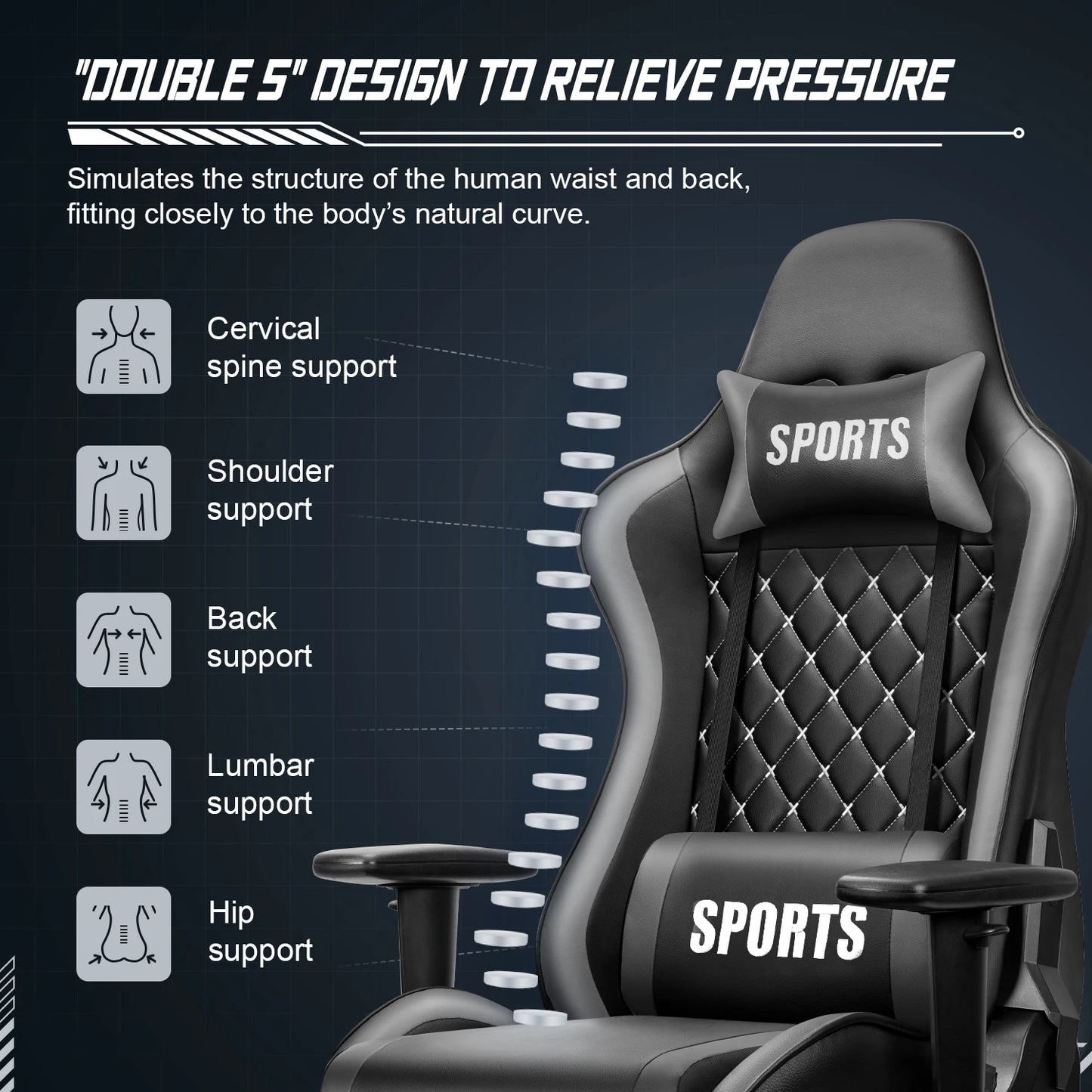Daccormax Ergonomic Gaming Chair with Lumbar Support, 170° Reclining Office Chair, Adjustable Armrests, Comfortable Computer Chair for Work & Gaming
