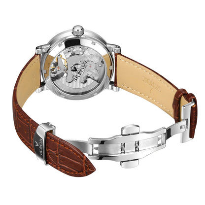 Męski zegarek na rękę SKROX z mechanizmem automatycznym, model szkieletowy z funkcją GMT, fazami księżyca i tourbillonem – elegancki i oryginalny zegarek luksusowy z najwyższej półki.