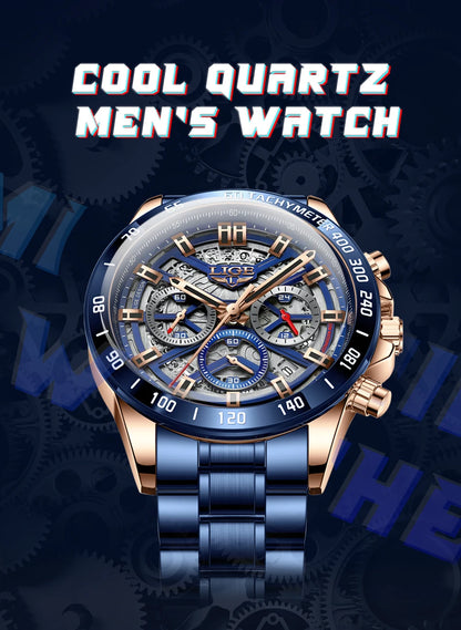 LIGE 2024 New Men Watch Top Brand Luxury Hollow Watch Men Waterproof Sport Quartz Chronograph Wrist Watch Man Relogio Masculino