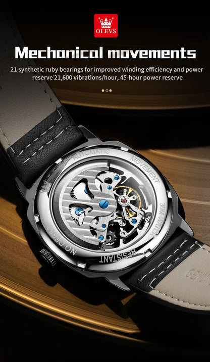 OLEVS 6685 Men's Watches Mechanical Wristwatch 30m Waterproof Luminous Leather Strap Original Man Watch