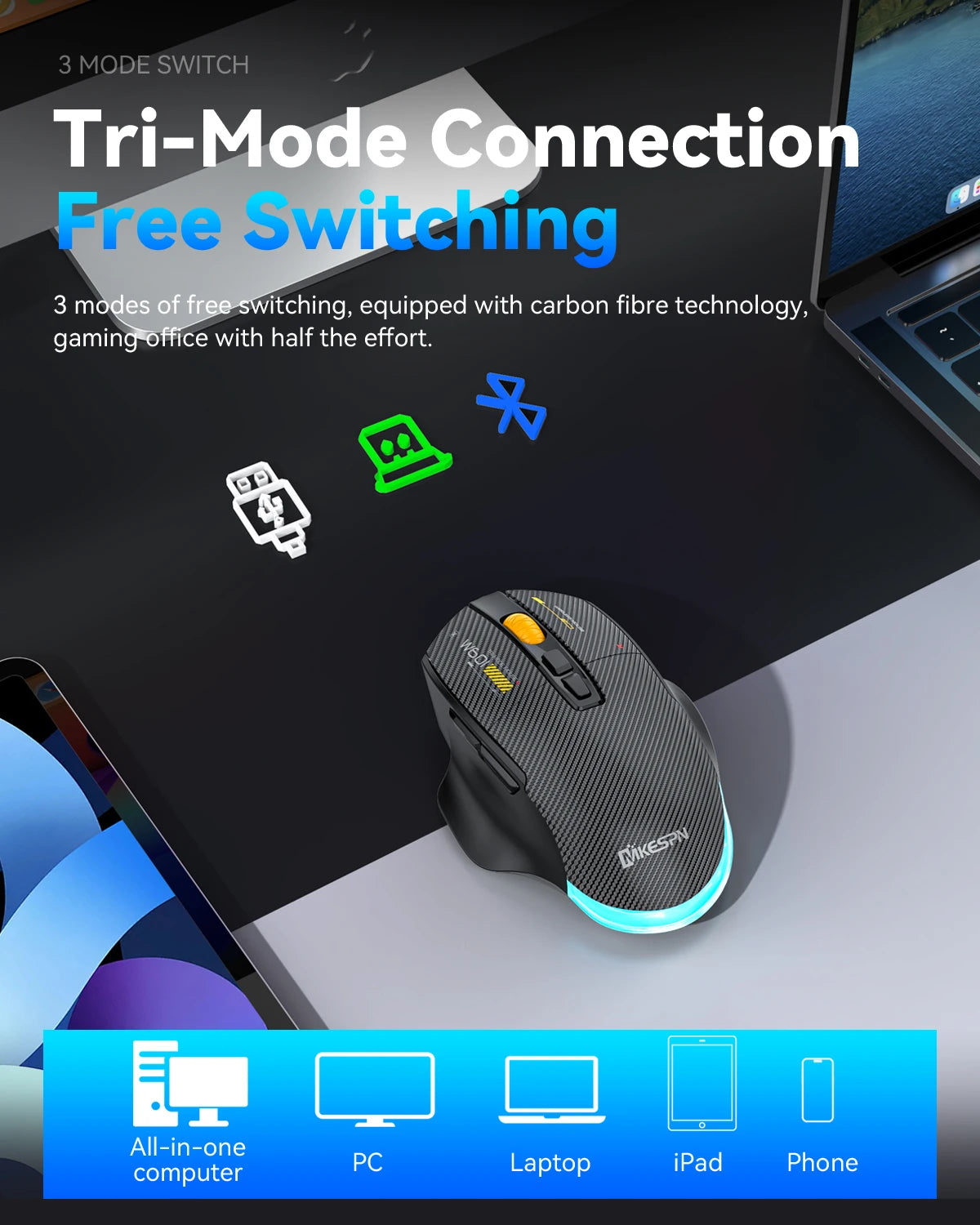 12800DPI 2.4G Wireless Bluetooth Wired Tri-mode Mouse Mute Button Macro Programming Carbon Fiber Gaming Mouse 500mAh 7 Keys