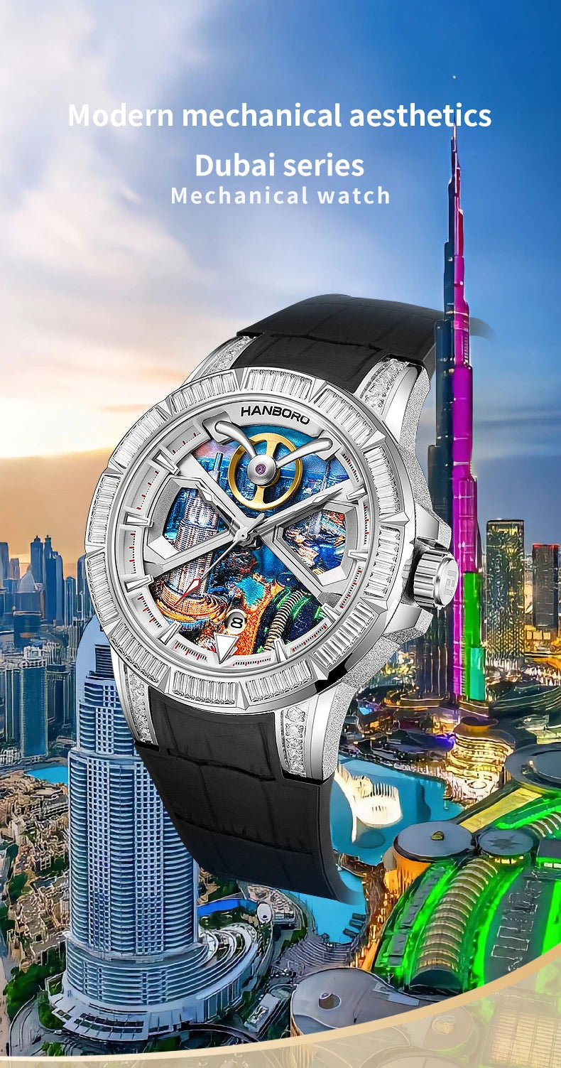 HANBORO Dubai Collection Dubai Characteristic Personalized Dial Frosted Crafted Diamonds Luxury Men's Automatic Mechanical Watch