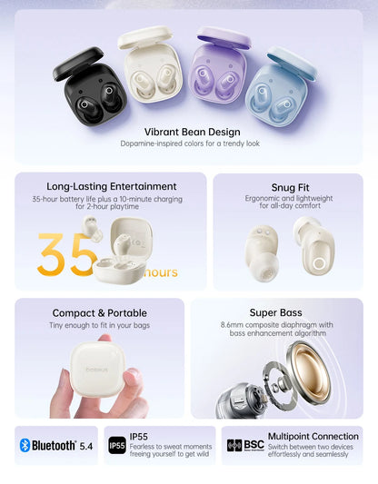 Baseus Bass BD1 Wireless Bluetooth 5.4 Earbuds – Mini Bean TWS Earphones, 35H Playtime, IP55 Waterproof Sports Headphones with Deep Bass & Low Latency