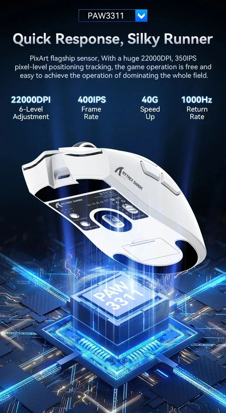 Ratón gaming inalámbrico ultraligero ATTACK SHARK X11SE, vida útil de 20 millones de clics, PAW3311 Gaming, 22KDPI, 400IPS, 40G, 1KHz, 65 horas, 30mAH