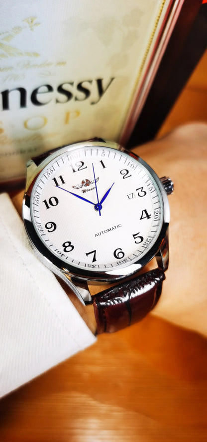 Montre classique pour homme – Style rétro avec calendrier et aiguilles bleues, mouvement mécanique automatique, marque de prestige, boîtier en acier et bracelet en cuir