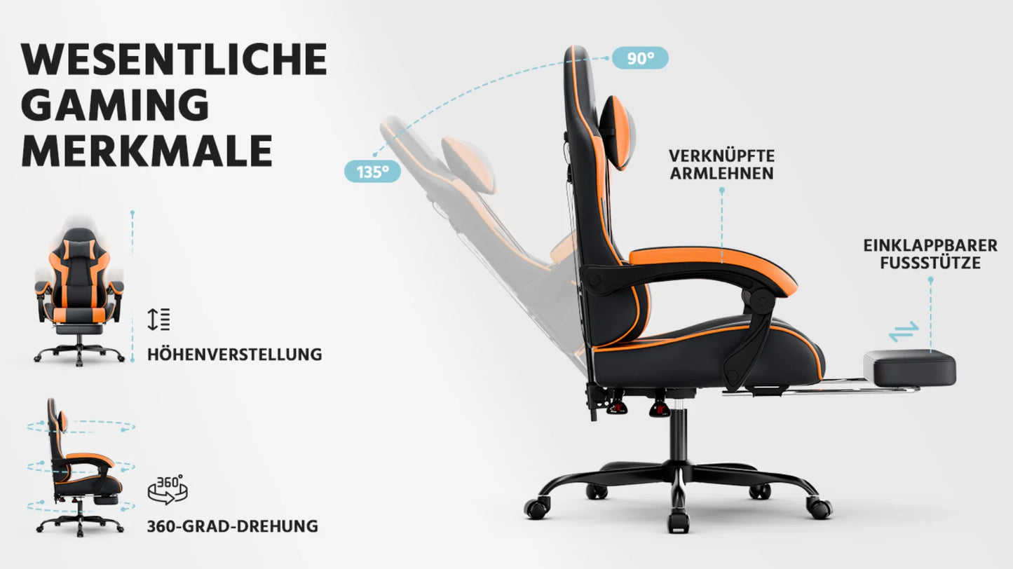 Ergonomic PU leather gaming chair with lumbar support, adjustable height and backrest, 200KG load capacity, black orange