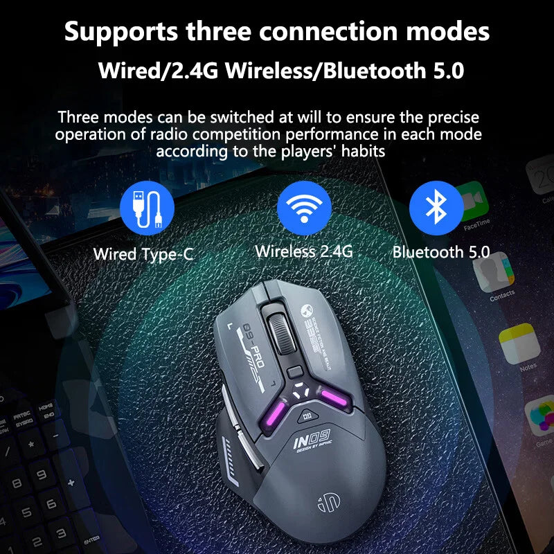 Ratón gaming inalámbrico Inphic IN9PRO 26000DPI, tasa de sondeo 8K, Bluetooth 5.0, con cable, 2.4G, trimodo, RGB, ergonómico