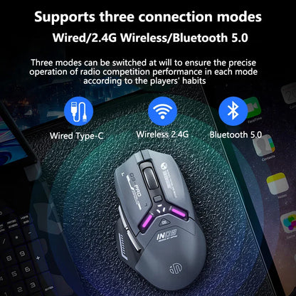 Ratón gaming inalámbrico Inphic IN9PRO 26000DPI, tasa de sondeo 8K, Bluetooth 5.0, con cable, 2.4G, trimodo, RGB, ergonómico