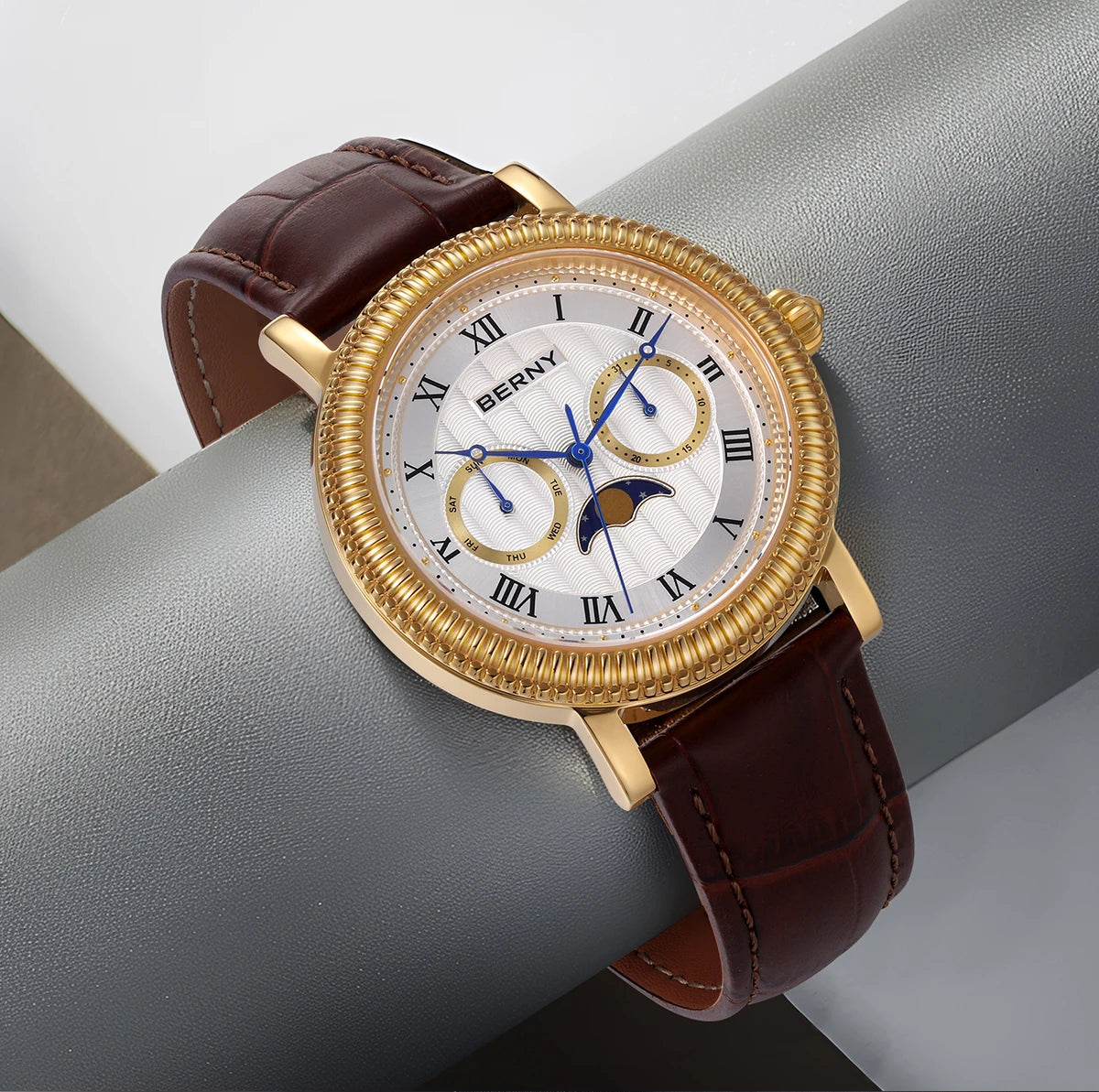 BERNY Watches for Men Luxury Dress Brand Business Gold Quartz Real Moons Man Watch S/S Sapphire Calendar Moon Phase Wristwatch