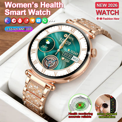 New 1.32inch Smart Watch For Women Health ECG Health Lady Watches Full Touch Screen Call Custom Dial Diamond Strap Smartwatch