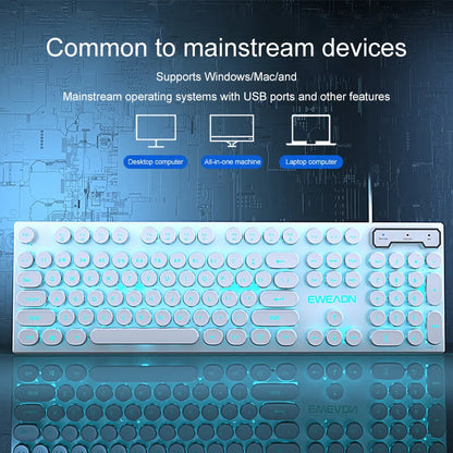 EWEADN GX330 Typewriter Gaming Keyboard,104Keys Wired Round Keycaps with Blue Backlit USB Wired Computer External Keyboards