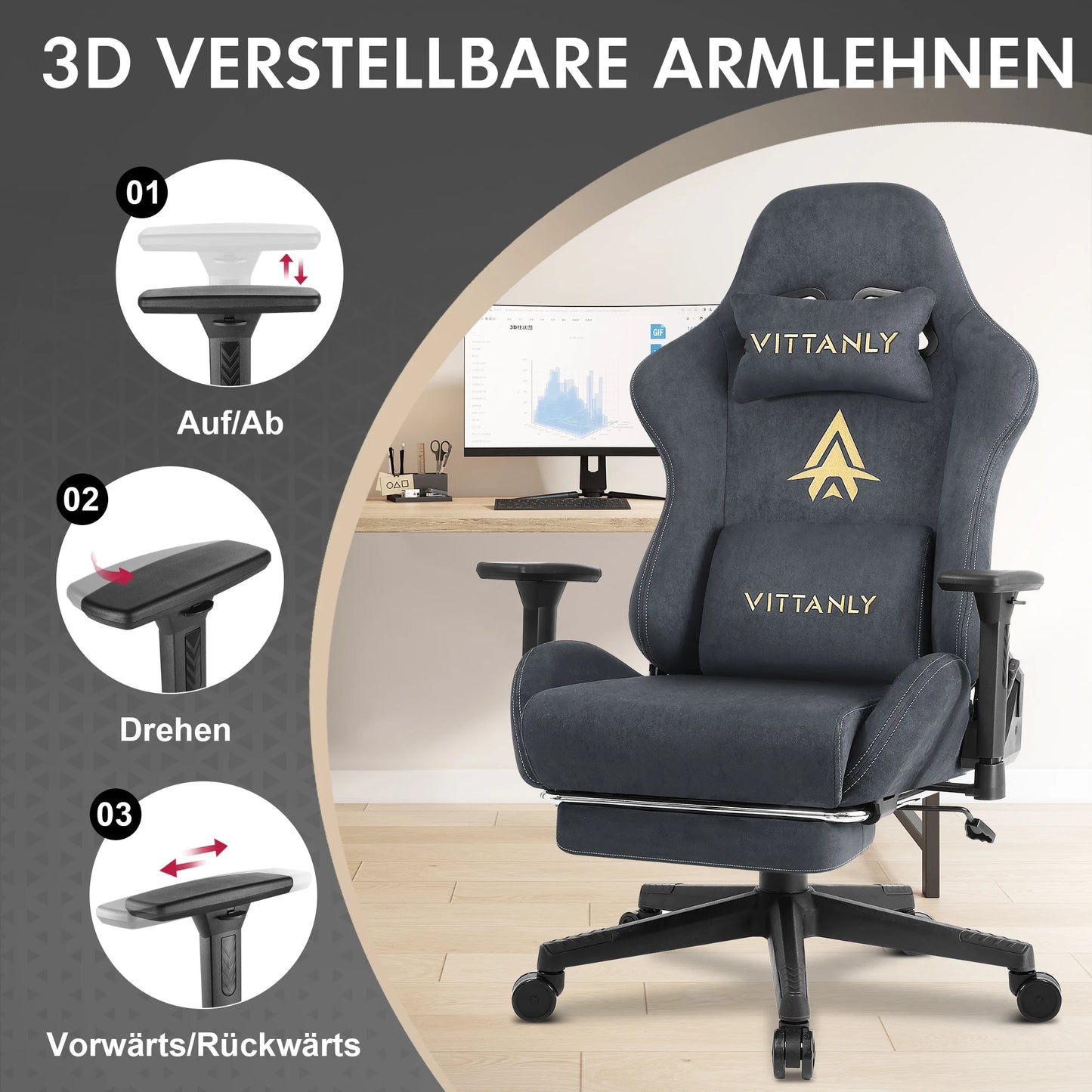 HAPIHAPPY Fashion Gaming Chair Genuine Leather Computer Office Chair with Footrest, Pocket Spring Cushion, Linkage Armrests, Ergonomic Game Chair
