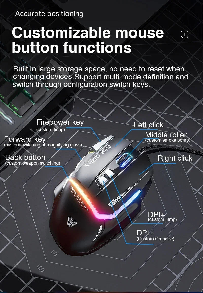 AULA S12Pro káblová mechanická myš 1000HZ 12800DPI RGB s nízkou latenciou, programovateľnými makrami – e-športová herná myš, príslušenstvo pre PC hráčov
