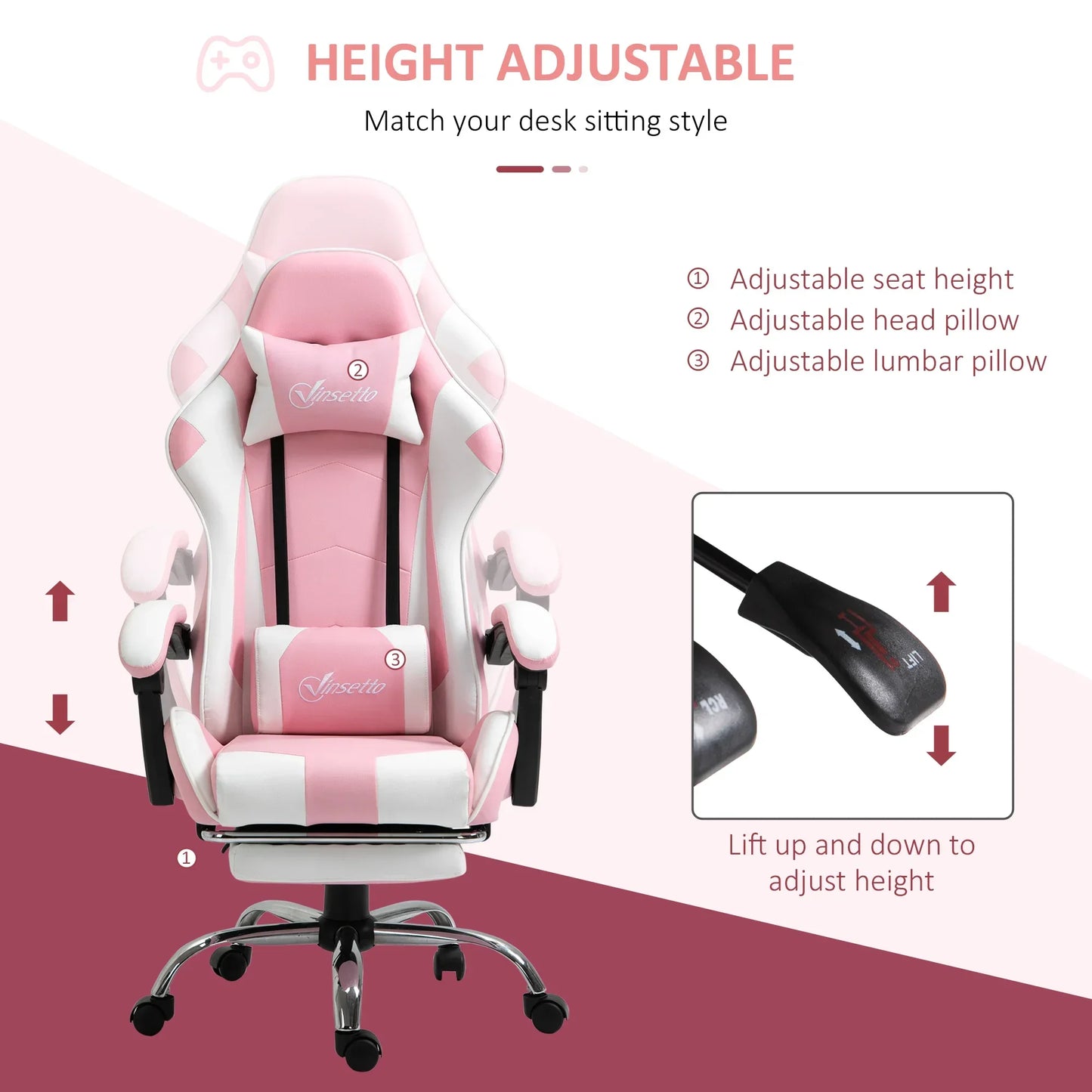 Gaming Chair Computer Chair Ergonomic Office Chair with Headrest Lumbar Pad Height Adjustable 360° Rotation Pink + White