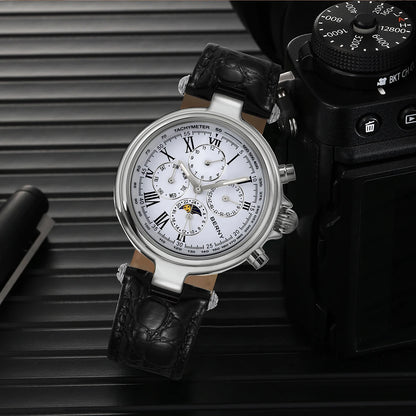 Montre automatique pour homme BERNY, style rétro, avec affichage Soleil et Lune, aiguilles luminescentes et mouvement ST1652 ; une montre mécanique classique et élégante, dotée d'un bracelet en cuir véritable.