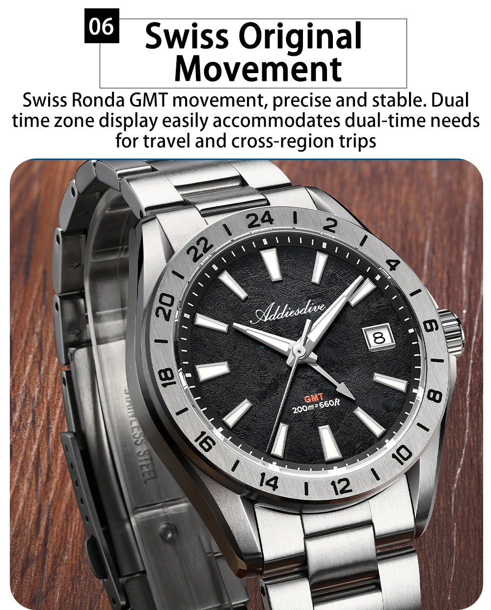 ADDIESDIVE GMT Men Quartz Watch Sapphire Crystal Swiss Ronda 515-24H Dual Time BGW9 Super Luminous 20Bar Waterproof Diver Watch