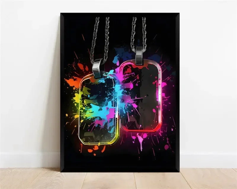 Pop-Neon-Poster mit Videospiel-Charakter, Gamepad, Kopfhörern, Fußball und Basketball – Leinwanddruck, Wandkunst-Dekor für das Gaming-Zimmer