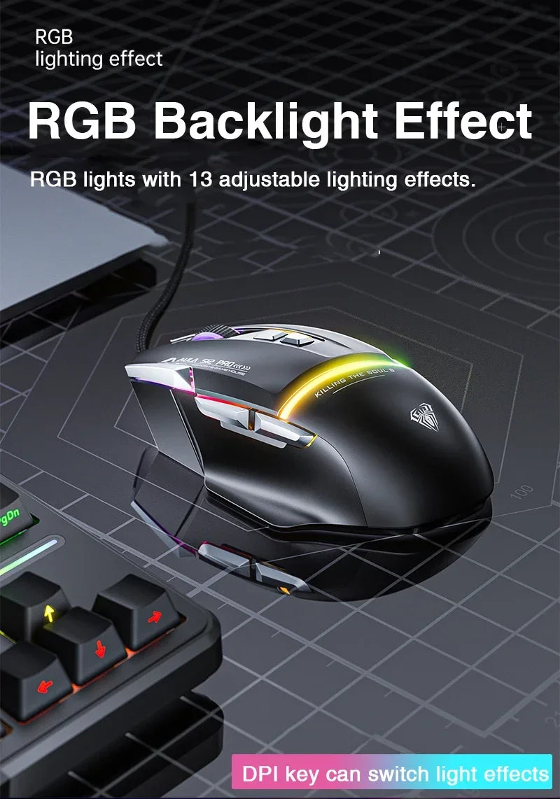 AULA S12Pro káblová mechanická myš 1000HZ 12800DPI RGB s nízkou latenciou, programovateľnými makrami – e-športová herná myš, príslušenstvo pre PC hráčov
