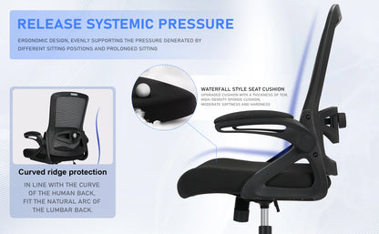 Milacyee Ergonomic Office Chair with Lumbar Support, Adjustable Desk Chair, 90° Flip-Up Armrest, Height Adjustable Mesh Executive Chair