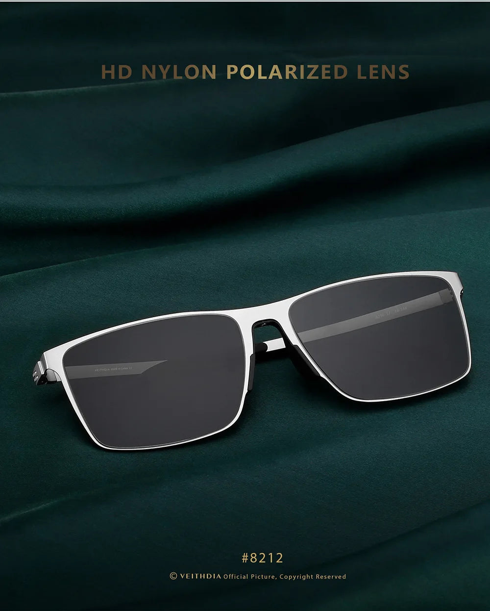 VEITHDIA Brand Fashion Sunglasses Stainless Steel High-definition Nylon Lens Polarized UV400 Eyeglasses For Men Women,  8212