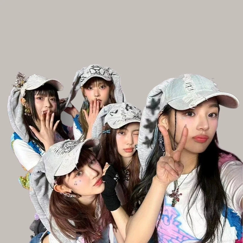 Celebrity-Inspired Niche Rabbit Ear Denim Ripped Baseball Cap Washed Graffiti Hip-Hop Sun Hat Trendy Cap