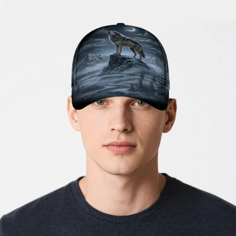 Boné clássico com estampado de lobo a uivar à lua, confortável e ajustável, com pala curva, ideal para uso diário e perfeito para a família