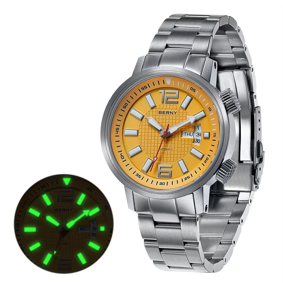 BERNY 20ATM Diver Automatic Mechanical Watch for Men Super Luminous Waterproof Swimming Dive Wristwatch Sapphire Self Winding