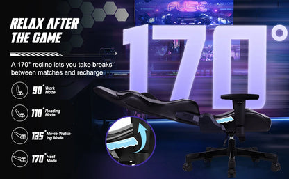 Daccormax Ergonomic Gaming Chair with Lumbar Support, 170° Reclining Office Chair, Adjustable Armrests, Comfortable Computer Chair for Work & Gaming