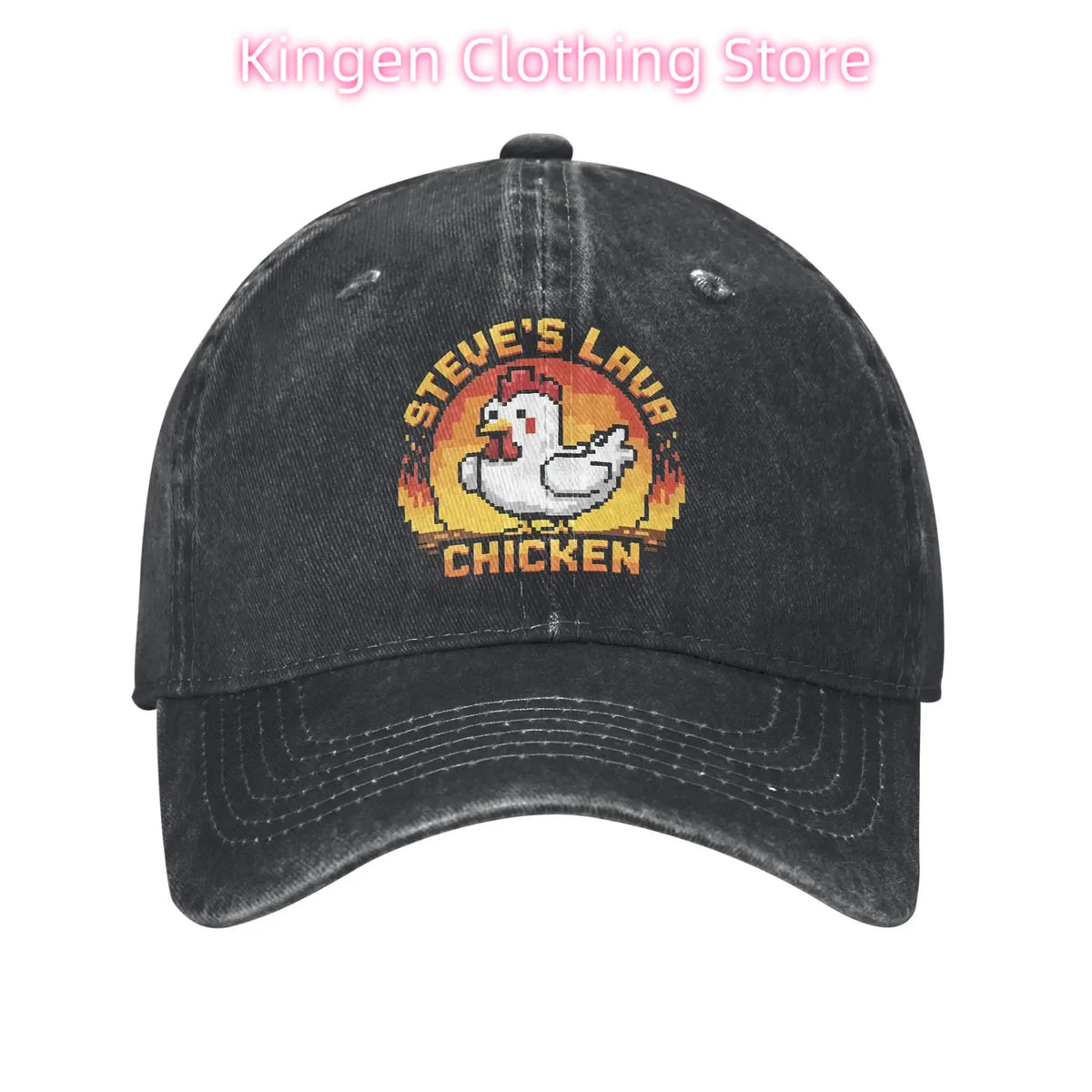 Unisex Chicken Jockey Lava Chicken Print Steves Hat – Modebaseballkasket i distressed-look, vasket, justerbar