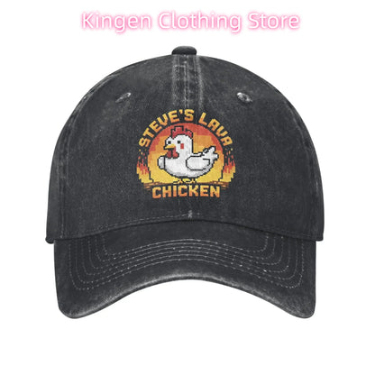 Unisex Chicken Jockey Lava Chicken Print Steves Hat – Modebaseballkasket i distressed-look, vasket, justerbar