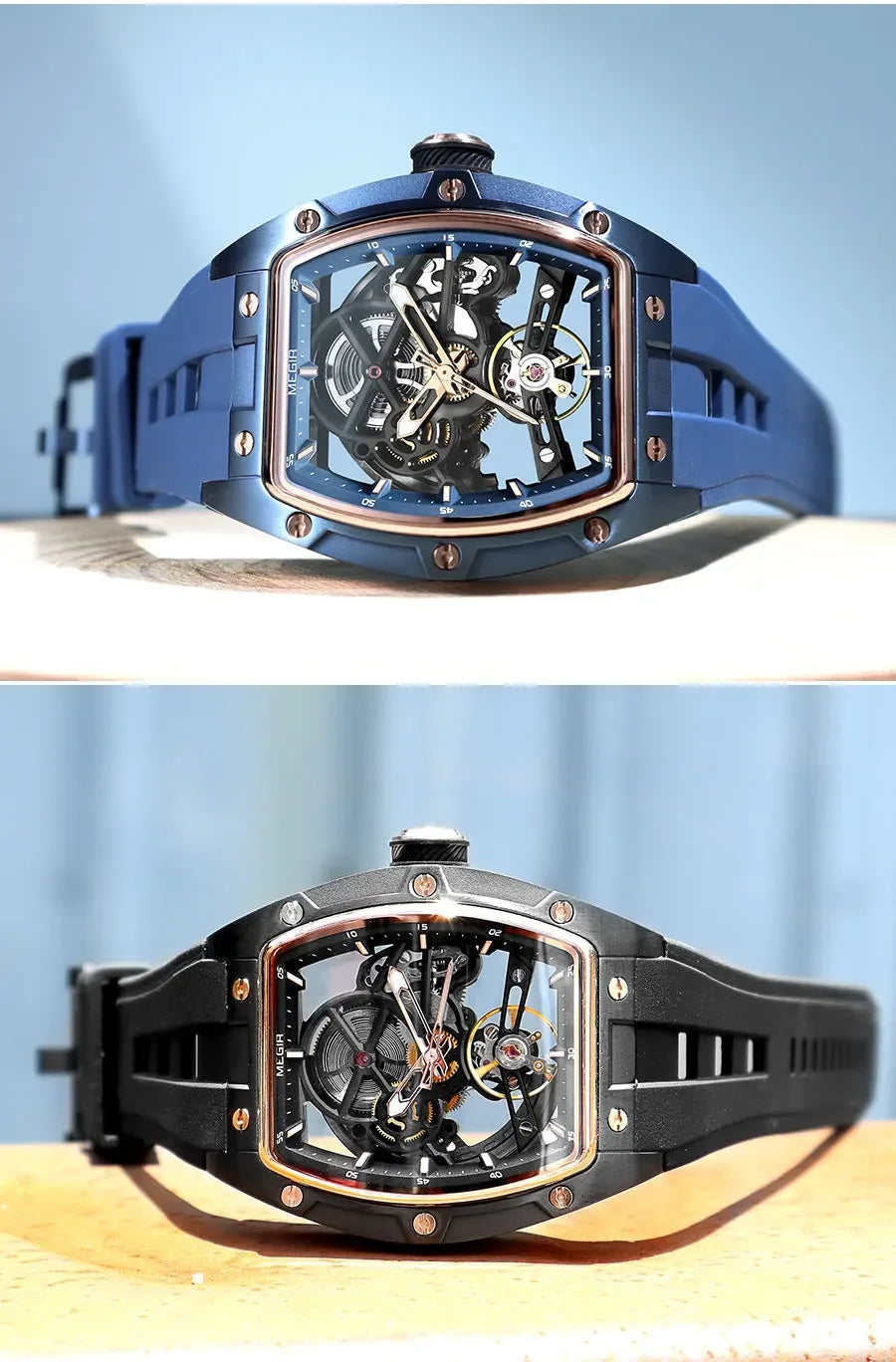 Relógio de pulso automático MEGIR para homem, com bracelete em silicone preto, impermeável, luminoso, desportivo e mecânico, com mostrador tonneau 2242