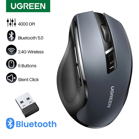 UGREEN draadloze muis Bluetooth 5.0 ergonomische muis 4000DPI 6 stille knoppen muis voor MacBook, tablet, laptops, computer, PC, 2.4G-muis