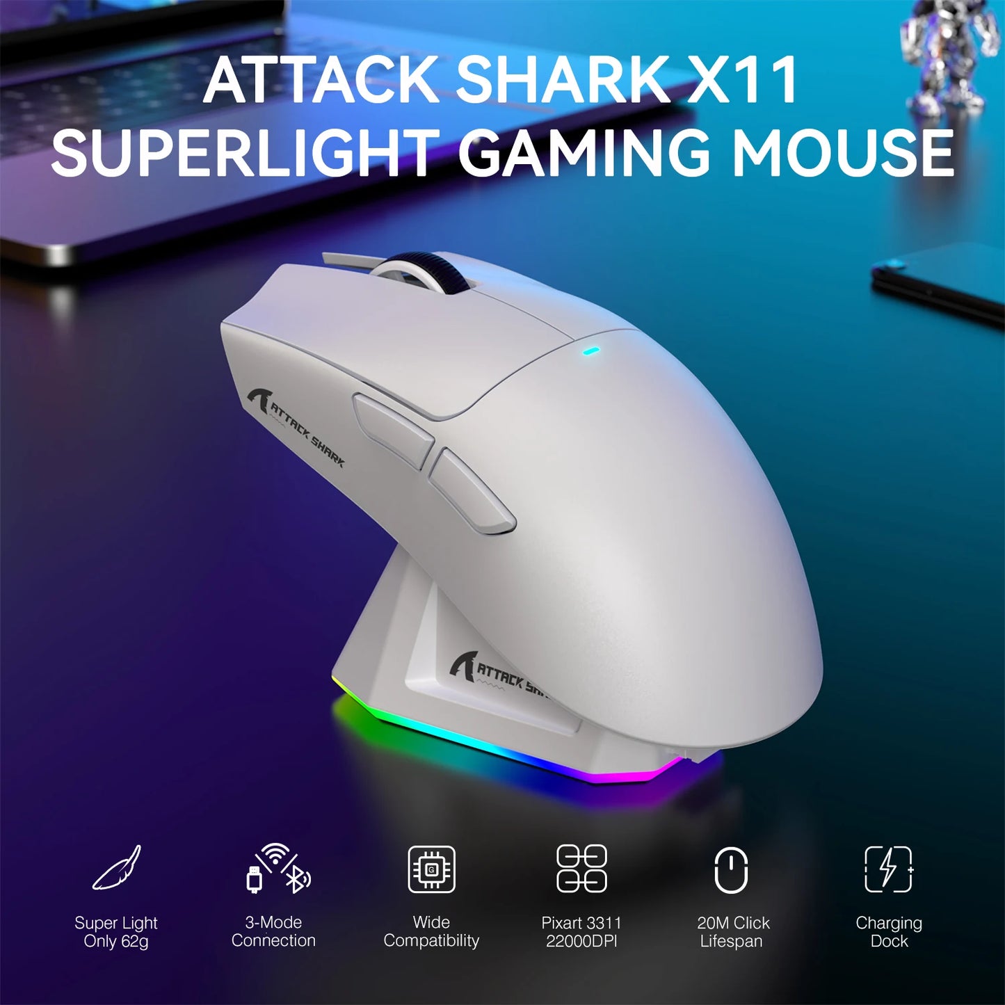 ATTACK SHARK X11 Lightweight Wireless Gaming Mouse with RGB Backlight Charging, Up to 22K DPI, PAW3311 Optical Sensor, HUYU Switch