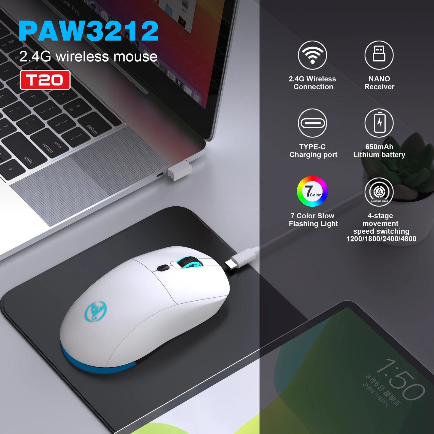 2.4G Wireless Rechargeable Mouse 650mAh Adjustable 3600DPI 7 Colors RGB Lighting Ergonomic Silent for Office Laptop PC Gaming