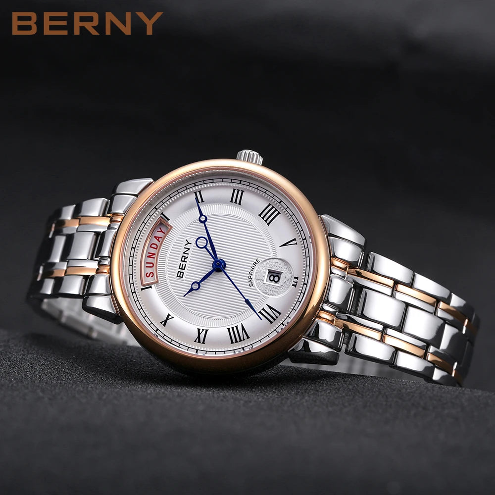 BERNY Women Watch Ladies Quartz Roman Numerals Day Top Calendar Watches Sapphire Glass Solid Steel Strap Women Wristwatch