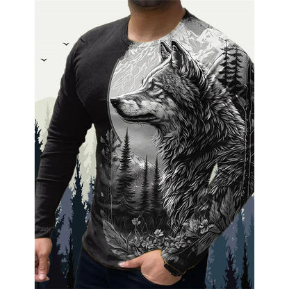 3D-printet Wolf Eagle T-shirt til mænd – T-shirts med vintage dyremønster – forår/efterår – langærmede T-shirts med rund hals – løse street-T-shirts