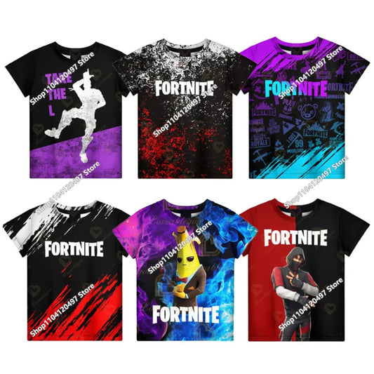 T-shirt de verão Fortnite para adulto e criança, corte largo, tamanho grande, manga curta, estampado digital 3D