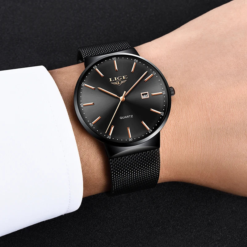 LIGE Herrenuhr, elegantes und luxuriöses Modell, ultraflach, wasserdicht, mit Gliederarmband, Quarzwerk, Datums- und Kalenderanzeige – ideal für einen professionellen Look.