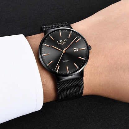 LIGE Herrenuhr, elegantes und luxuriöses Modell, ultraflach, wasserdicht, mit Gliederarmband, Quarzwerk, Datums- und Kalenderanzeige – ideal für einen professionellen Look.