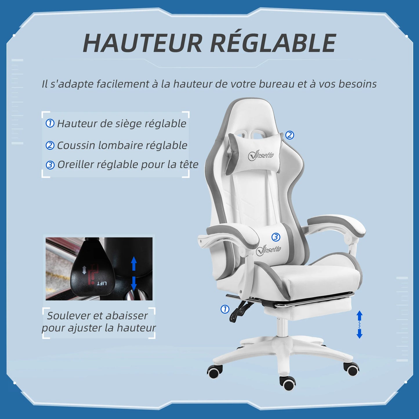 Ergonomic Gaming Chair with Footrest, 135° Reclining Backrest, Lumbar Support, Adjustable Height, Comfortable Racing Style Gaming Chair