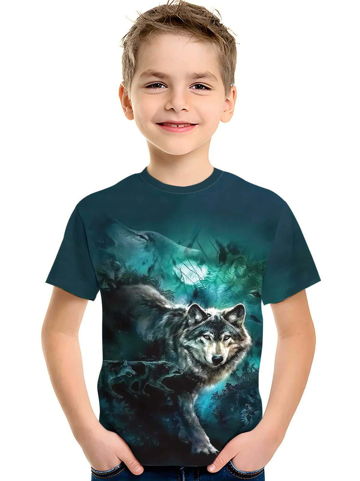 Children's Clothing Boys Tshirt Short Sleeve Cool 3D Wolf Print Kids Summer Clothes Stylish Streetwear Round Neck Girl Clothes﻿