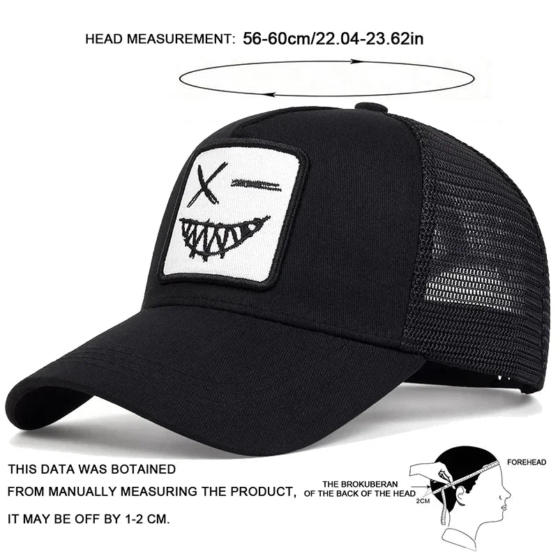 Unisex X Baseball-Netzkappen mit Stickerei eines lächelnden Gesichts und Zähnen – Sonnenhut für Frühling und Sommer, im Freien, mit Sonnenschutz, verstellbare Freizeit-Trucker-Kappen
