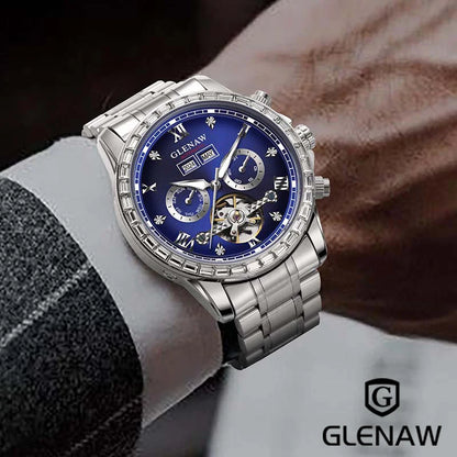 Reloj mecánico multifunción GLENAW – Modelo para hombre, estilo ejecutivo y desenfadado, correa de acero inoxidable, resistente al agua, con calendario – Reloj de lujo