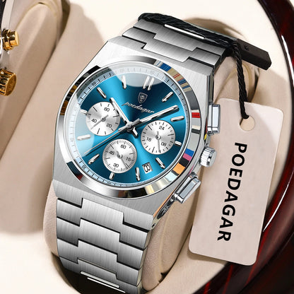 Montre pour homme POEDAGAR – Chronographe de luxe en acier inoxydable, avec date, étanche et luminescente – Montre-bracelet sportive à quartz