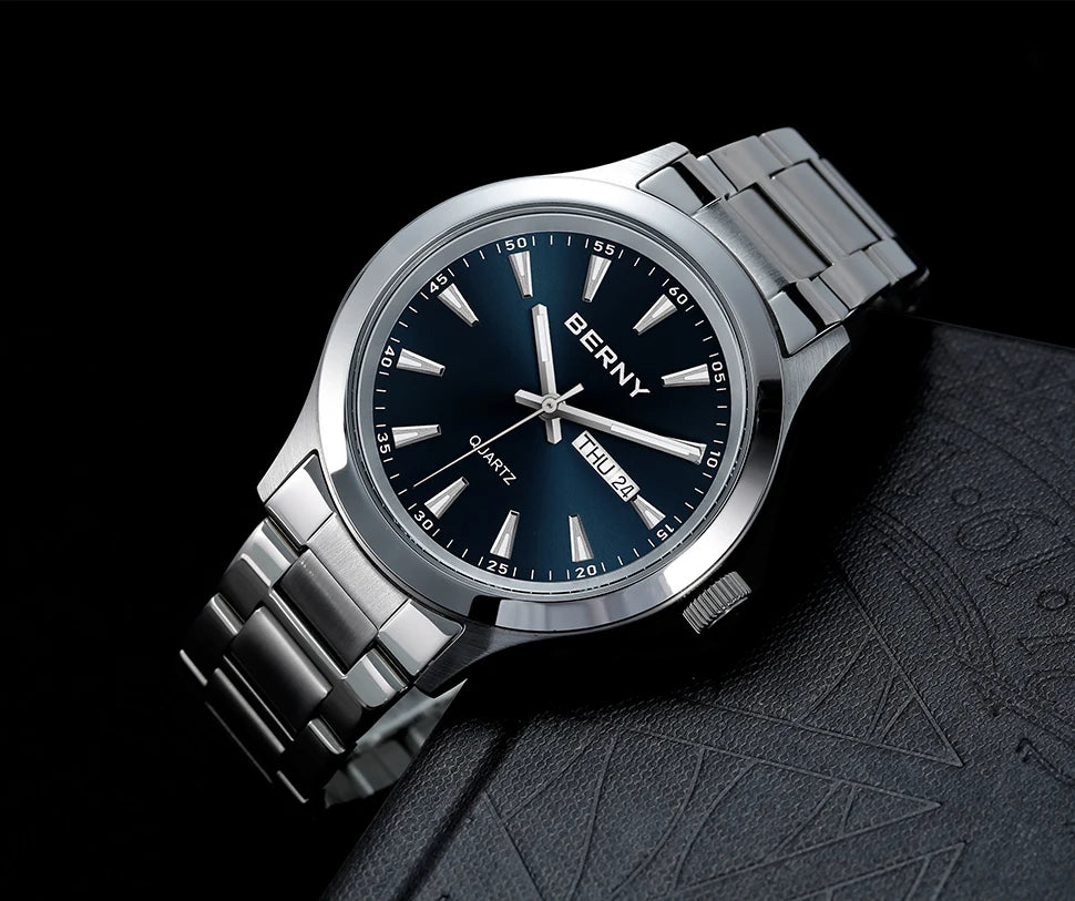 BERNY Men Quartz Watch  Fashion Texture Wristwatch for Men Ultra Thin Men Watch Calendar Luminous Stainless Steel Dress Watches