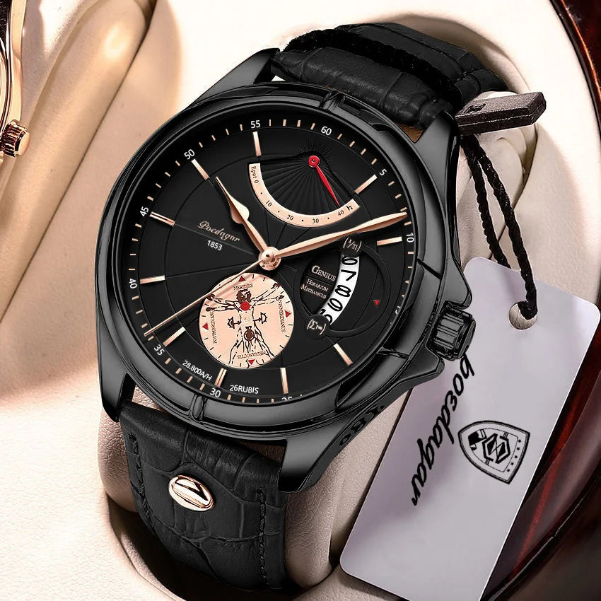 Montre-bracelet à quartz POEDAGAR pour homme – Style business, luxe, étanche, lumineuse, avec affichage de la date et bracelet en cuir – Montre élégante pour homme