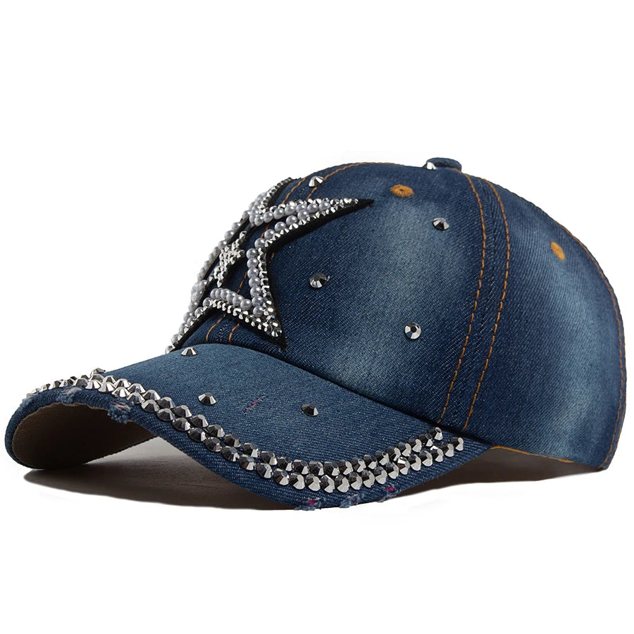 Y2K Pentagram Denim Cloth Baseball Cap Women Fashion Vintage Snapback Men Female Hip hop Shiny Rhinestone Hat For Spring Autumn