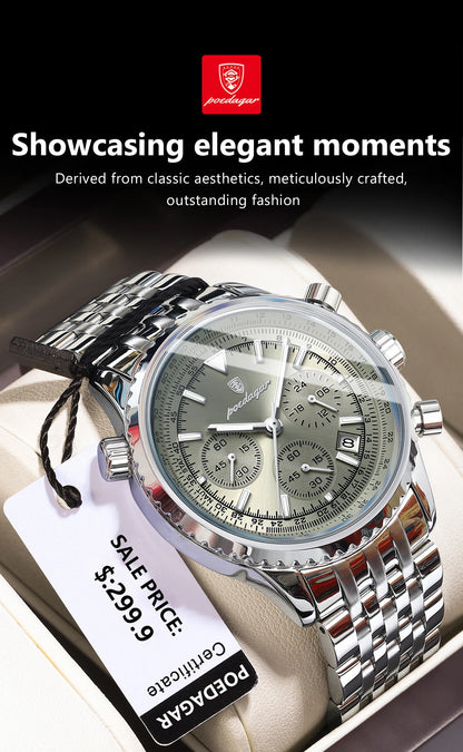 POEDAGAR Fashion Men's Quartz Watch Stainless Steel Waterproof Luminous Man Watch Chronograph Date Multifunction Watches For Men