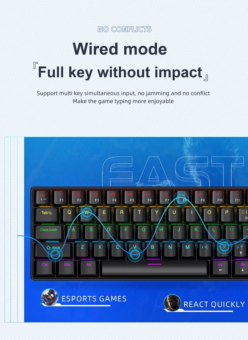 APAYADO K61 Mini-Mechanische Tastatur, kabelgebunden, 61 Tasten, Phantom RGB, schwarz/weiß, mechanische rote/blaue Switches für Gaming, 60% tragbar